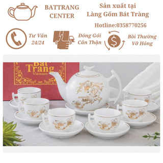 (6 MẪU)Bộ Ấm Chén Pha Trà tận gốc nhà lò Bát Tràng-vẽ Vàng,Hoa các loại-Ấm Bưởi Cành 500ml,men Sứ Trắng
