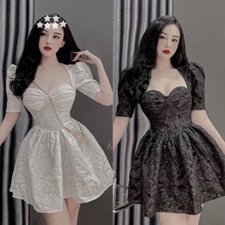 Đầm váy nữ dự tiệc chất gấm cổ vuông cúp ngực dáng ngắn xòe có 2m siêu xinh xắn