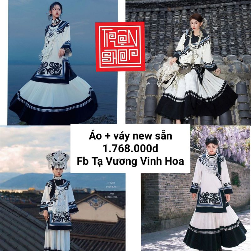 Trang phục Miêu Cương nữ set 2 món mix trắng đen