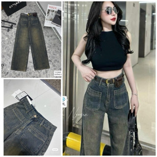 Quần Jeans suông nữ 2 túi trước . Quần bò ống rộng cạp cao phong cách
