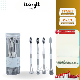 Set 8 Bàn Chải Đánh Răng 2 Đầu Có Cạo Rơ Lưỡi (Hộp Tròn Xám) - Didooglt