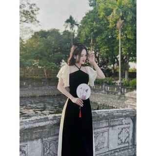 Set áo dài cách tân nhung cổ yếm phối tơ mềm kèm chân váy 2 lớp