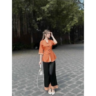 Set áo lam trơn đi chùa tay lỡ cổ tàu nút mây