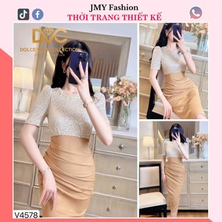 V4578 Váy đầm be body phối kimsa ánh bạc sang chảnh váy body be đính ngọc nhún eo dự tiệc