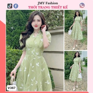V367 Váy đầm xanh lá xòe dài công sở [TH Hà Thanh] váy tơ xanh thêu lá cổ V tay bồng sang chảnh