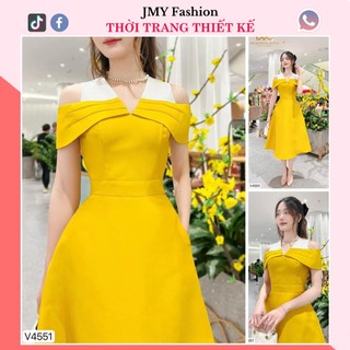 V4551 Váy đầm vàng tafta dáng A xòe dài dự tiệc đầm vàng tafta trễ vai phối cổ V trắng