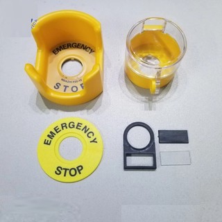 Mác ghi tên gắn tủ điện phi 16 22 25 30, Nhãn nút nhấn Emergency Stop, Nắp bảo vệ nút dừng khẩn, tem nhãn mica
