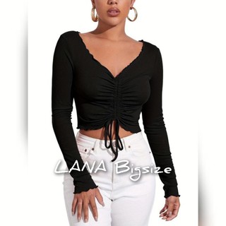 Áo croptop thun gân tăm tay dài rút dây