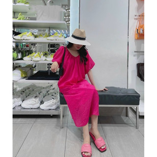 Váy Tơ Nhăn Cổ Tim Dáng Suông Dài