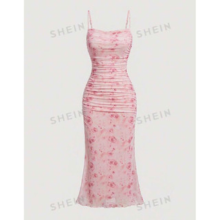 [ Hàng order shein] Đầm xếp eo hoa 2 dây thun lưới