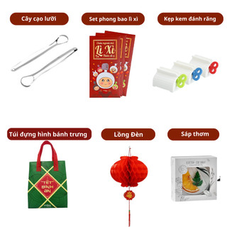  Set quà 6 món:lì xì,cốc đánh răng,sáp thơm, túi đựng quà, kẹp KĐR, NSM