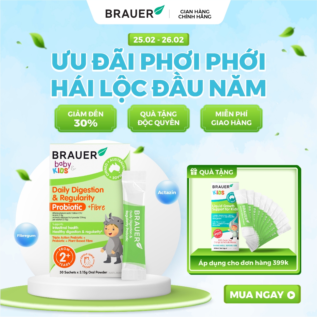 BRAUER Baby & Child DAILY DIGESTION & REGULARITY PROBIOTIC-Men vi sinh và chất sơ bổ sung hằng ngày(30 gói)