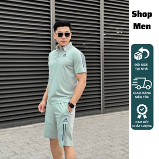 Bộ mặc nhà nam Adidas chất cotton xước Shop Men MK3456, Set quần áo cộc tay cổ bẻ chất mát thấm hút mồ hôi tốt