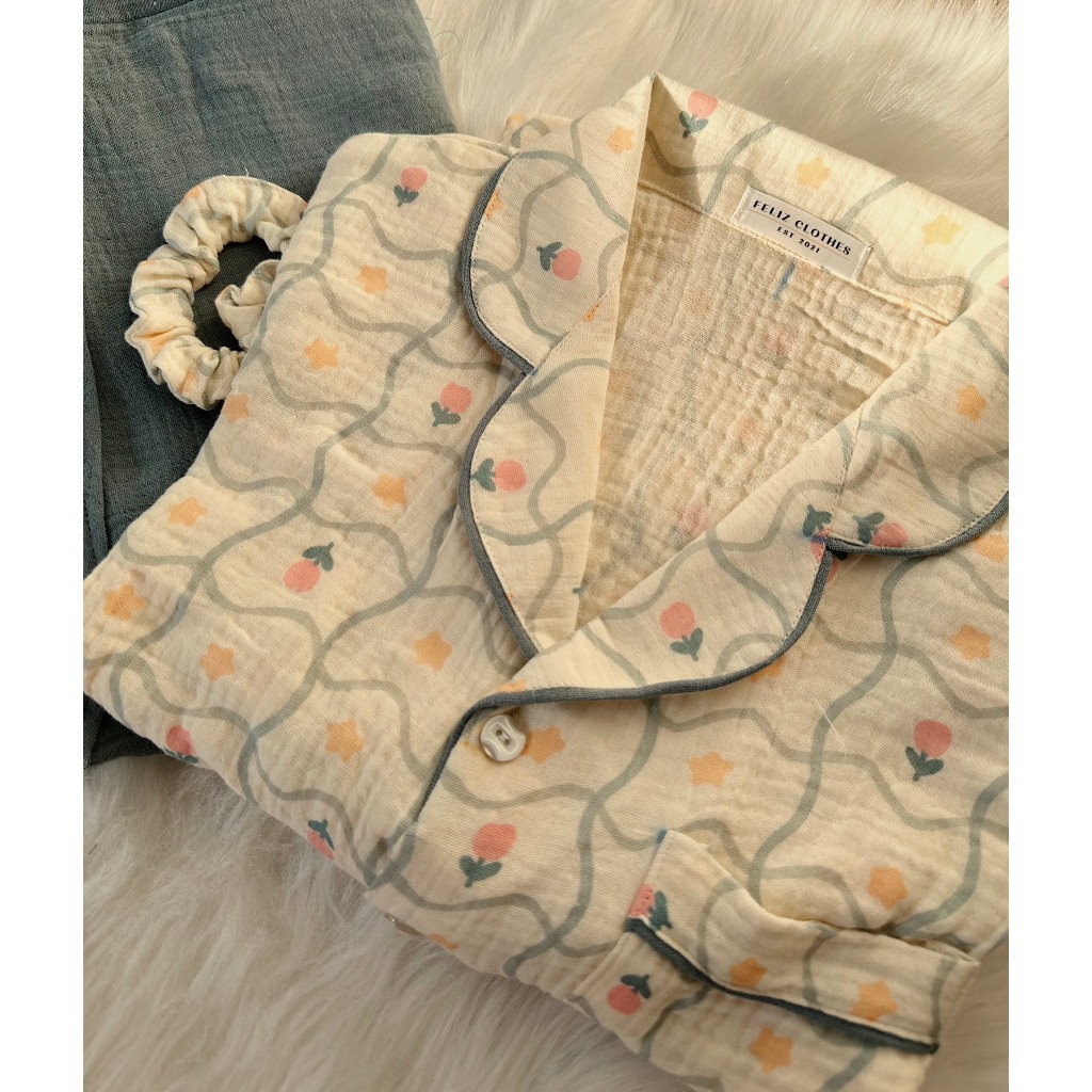 [Feliz.Clothes] Pyjama xô muslin họa tiết hoa sao dễ thương