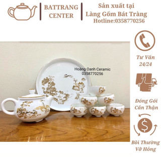 (7 MẪU)Bộ Ấm Chén Pha Trà(khay sứ) Bát Tràng- men Trắng,viền Vàng,ấm Chum vẽ Sơn Thủy Non Nước,Vinh Hoa Phú Quý