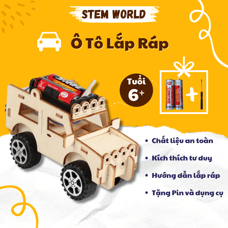 Đồ chơi STEM Xe Ô Tô lắp ráp thủ công DIY bằng gỗ chất liệu an toàn cho trẻ đồ chơi giáo dục thông minh tặng kèm pin