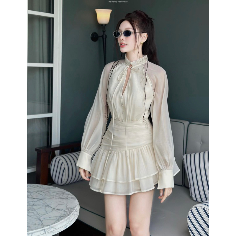 Váy voan xốp dáng xoè ngắn dài tay hàng cao cấp