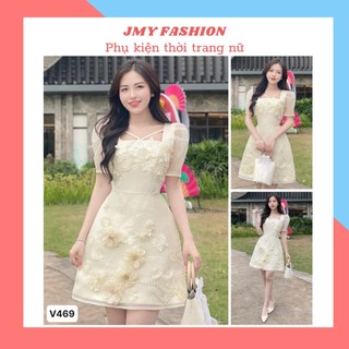 V469 Váy kem tiểu thư đính hoa nữ tính [TH Hà Thanh] váy thiết kế cổ yếm đi chơi đi làm xinh xắn