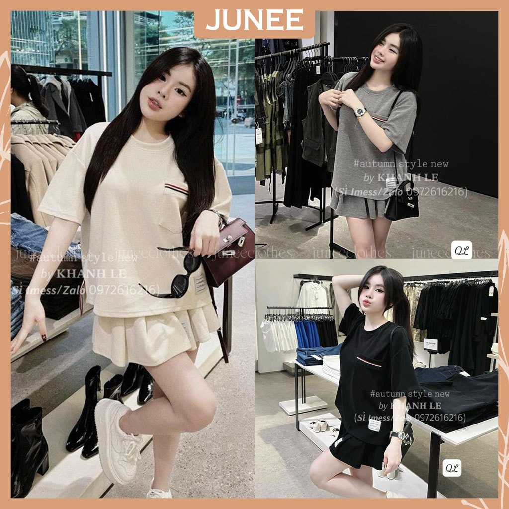 Set Bộ Đồ Nữ Áo Vạt Viền Sọc Thome Có Túi Ngực Mix Chân Váy Xếp Ly Chất Cotton Tàu Tag Chữ Đáp Nổi Freesize