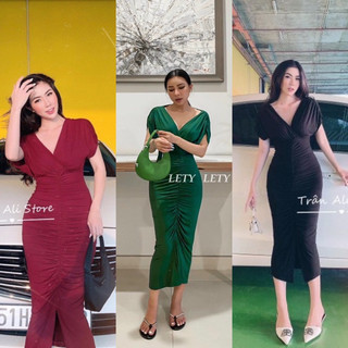 Đầm thun body rút xẻ tà tay ,Váy body nhún xẻ tà tôn dáng chất thun co giãn