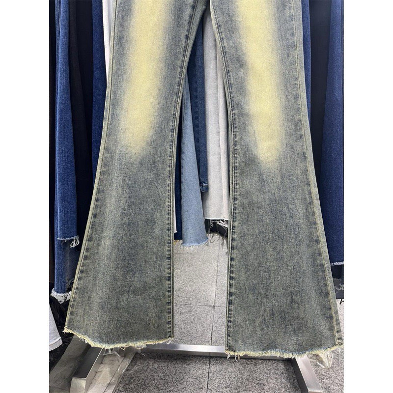 Quần jeans co giãn ống loe gấu tua dáng dài lưng cao