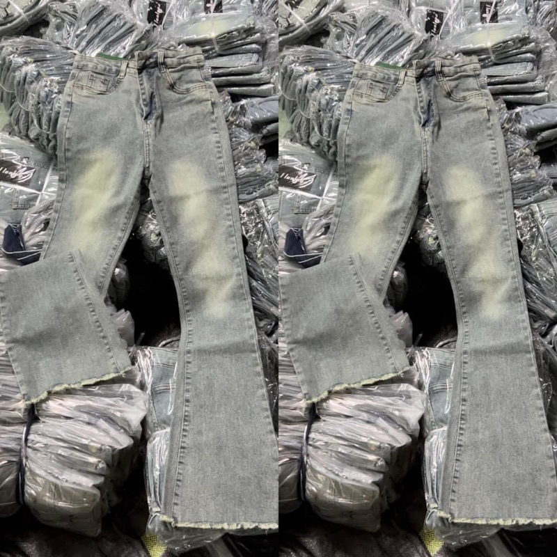 Quần jeans co giãn ống loe gấu tua dáng dài lưng cao