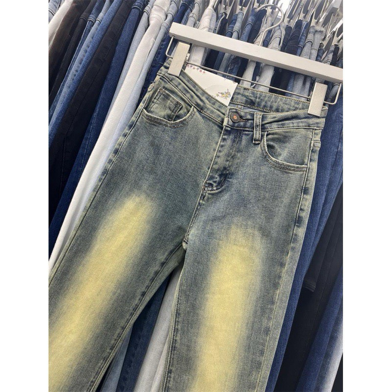 Quần jeans co giãn ống loe gấu tua dáng dài lưng cao