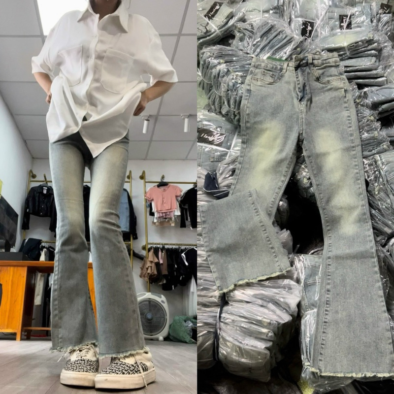 Quần jeans co giãn ống loe gấu tua dáng dài lưng cao