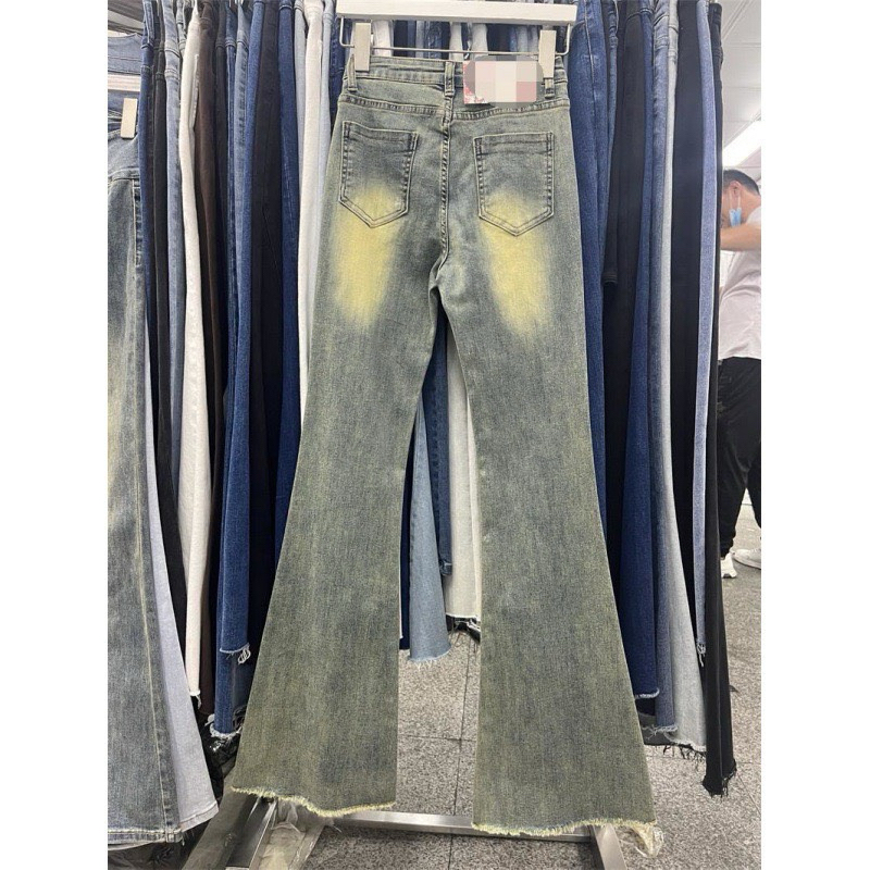 Quần jeans co giãn ống loe gấu tua dáng dài lưng cao