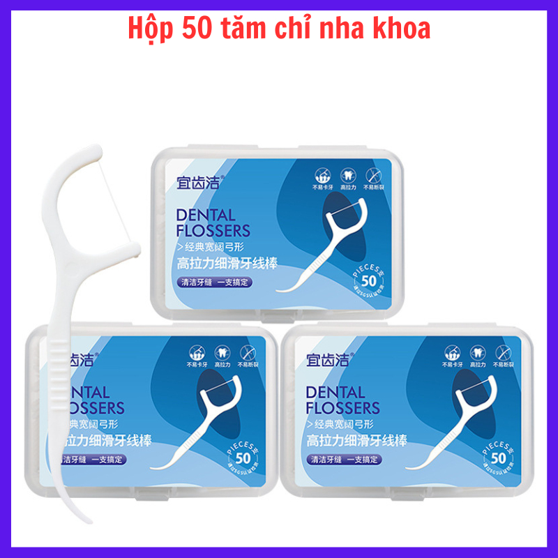 Combo 5 Hộp Hộp 50 Tăm Chỉ Nha Khoa Loại Đẹp, Sợi Chỉ Mảnh, Bền Dai, Thân Bằng Nhựa Pe Cao Cấp