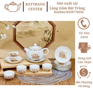 (6 MẪU)Ấm chén pha trà Bát Tràng-men Trắng,ấm Chum-vẽ Vàng Sơn Thuỷ,Thuận Buồm Xuôi Gió,Sen Ngũ Sắc