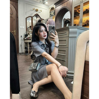 VÁY THUN CỘC THOM XẺ SƯỜN CỔ SƠ MI - kimanhbui