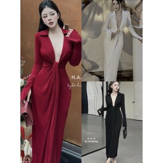 🛒 Đầm Tay Dài Cổ Trụ V Phối Dây Bản Dài - Dài Maxi Ôm Body Sexy - Tiểu Thư Bánh Bèo Sang Chảnh Đi Chơi Tiệc [HNH-Dai]