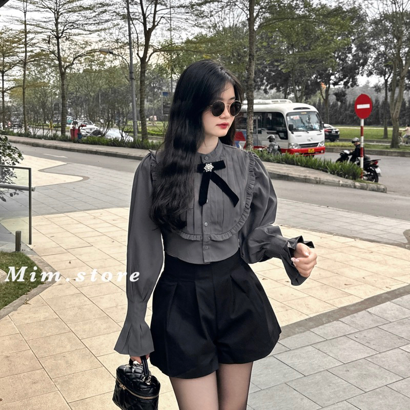 Áo sơ mi xếp ly ngực cổ bèo Size S M L  (kèm tag nơ) SẴN HOẢ TỐC