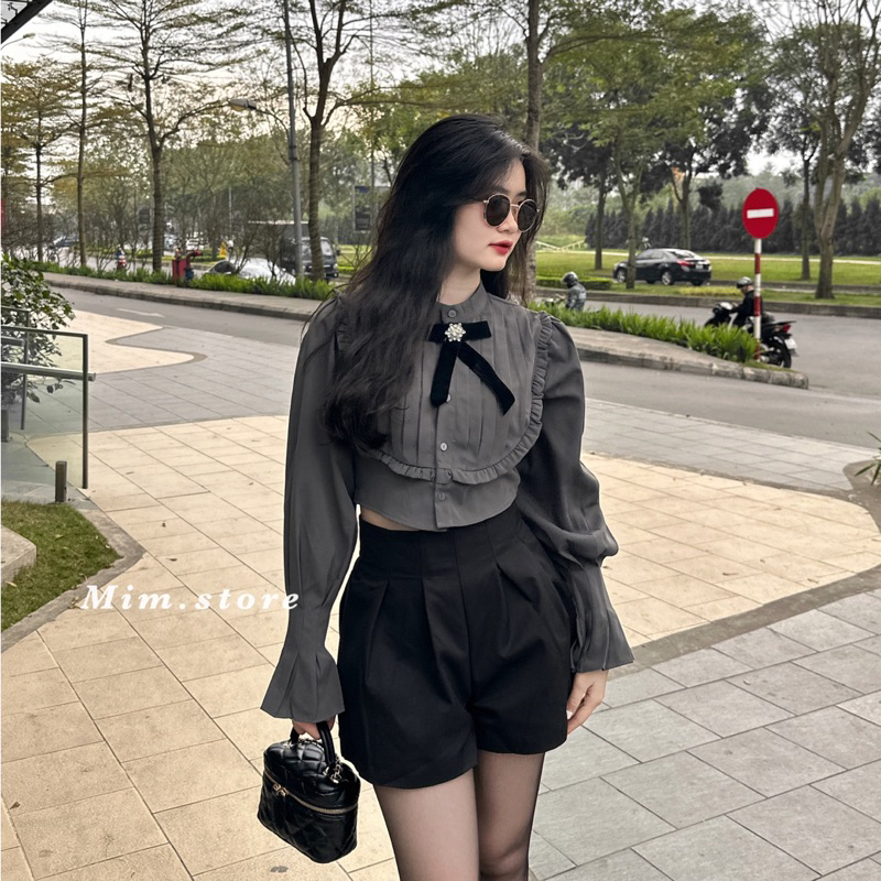 Áo sơ mi xếp ly ngực cổ bèo Size S M L  (kèm tag nơ) SẴN HOẢ TỐC | BigBuy360 - bigbuy360.vn