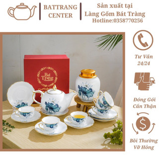 (7MẪU) Bộ Ấm Chén Pha Trà Bát Tràng-vẽ Hoa Sen,men Trắng,viền Vàng kim,ĐĨA LƯỢN
