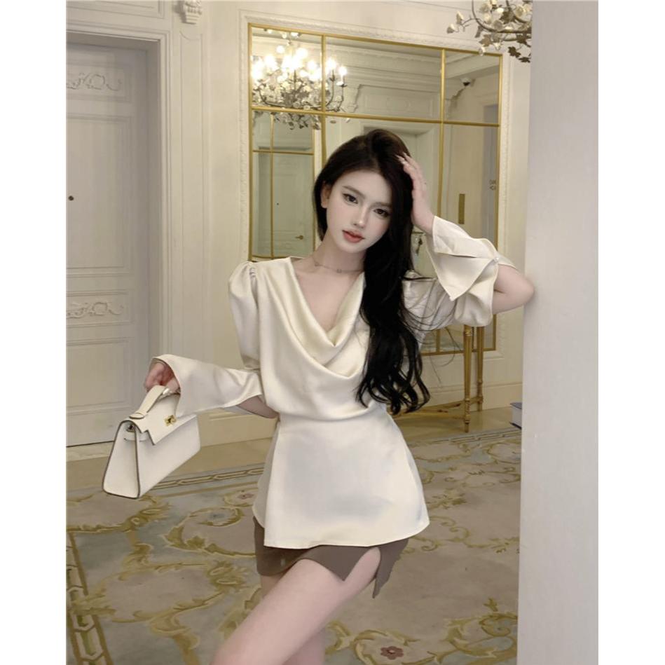 ÁO SƠ MI LỤA DÀI TAY XẺ TÀ CỔ ĐỔ THẮT NƠ LƯNG SIÊU XINH TGFASHION