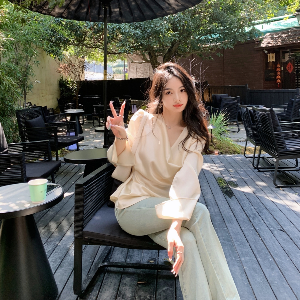 ÁO SƠ MI LỤA DÀI TAY XẺ TÀ CỔ ĐỔ THẮT NƠ LƯNG SIÊU XINH TGFASHION