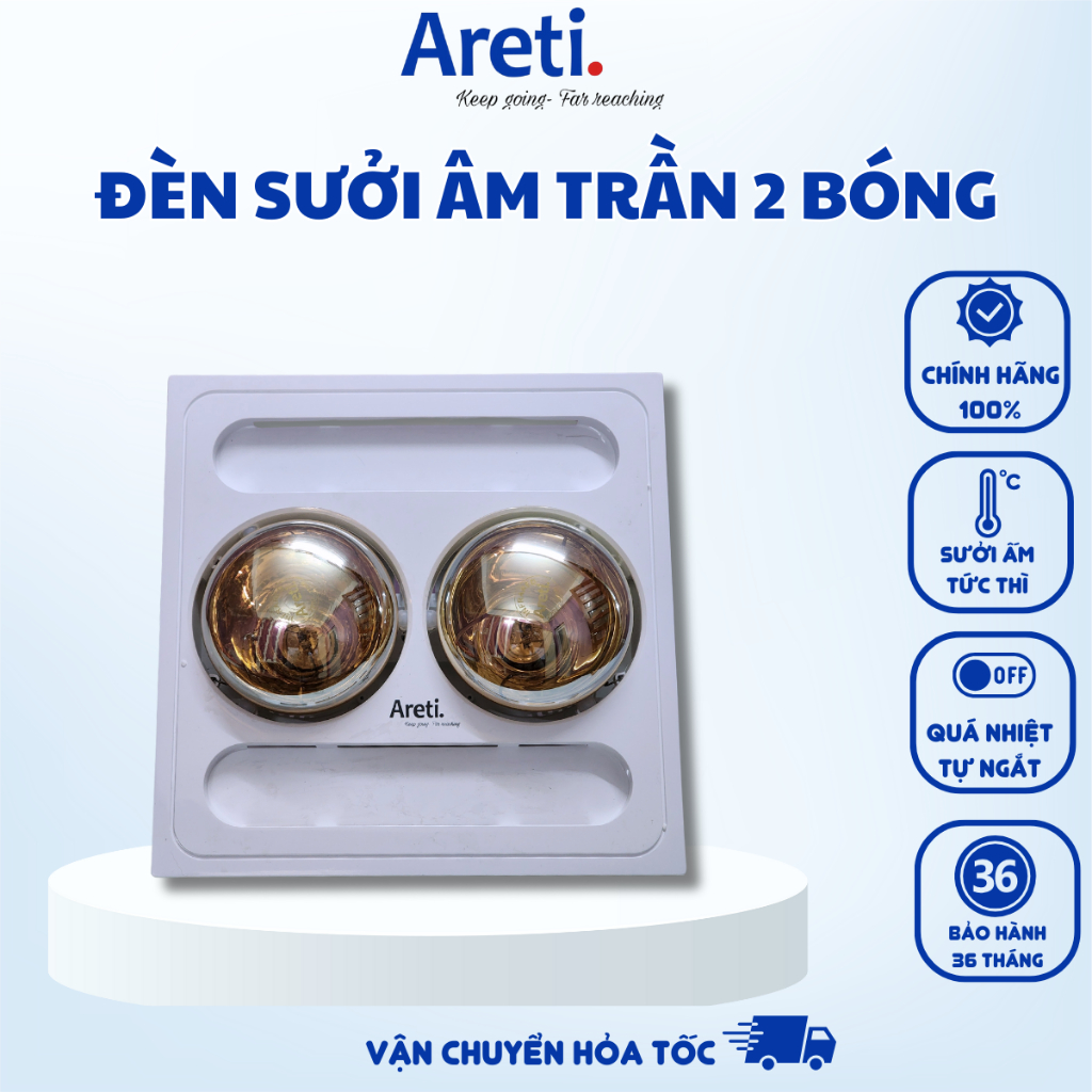 Đèn Sưởi Hồng Ngoại Âm Trần Areti 02 Bóng 275W, Đèn Sưởi Nhà Tắm Nano Chống Nổ, Bảo hành 36 Tháng 1 Đổi 1
