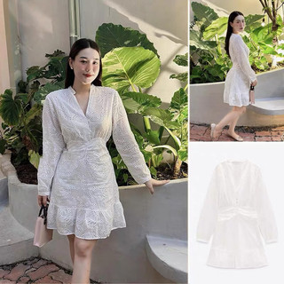 Đầm trắng cổ V đính bèo Zara xuất dư