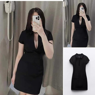 Đầm cổ V body dáng ngắn Zara xuất dư
