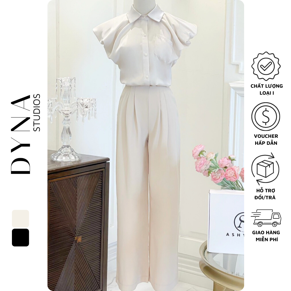 Set áo sơ mi lụa cổ đức tay ngắn bồng 𝐀𝐒𝐇𝐘𝐋𝐄𝐘 có đệm cầu vai phối quần suông dáng dài