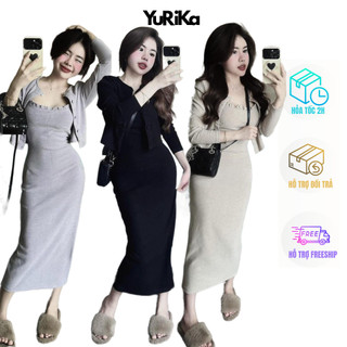 SET 2 món Đầm maxi bèo kèm khoác cài nút - SET đầm 2 dây nữ và khoác tay dài