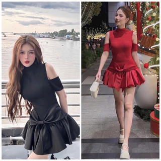 Đầm xoè cổ lọ khoét vai tay ngắn cột nơ