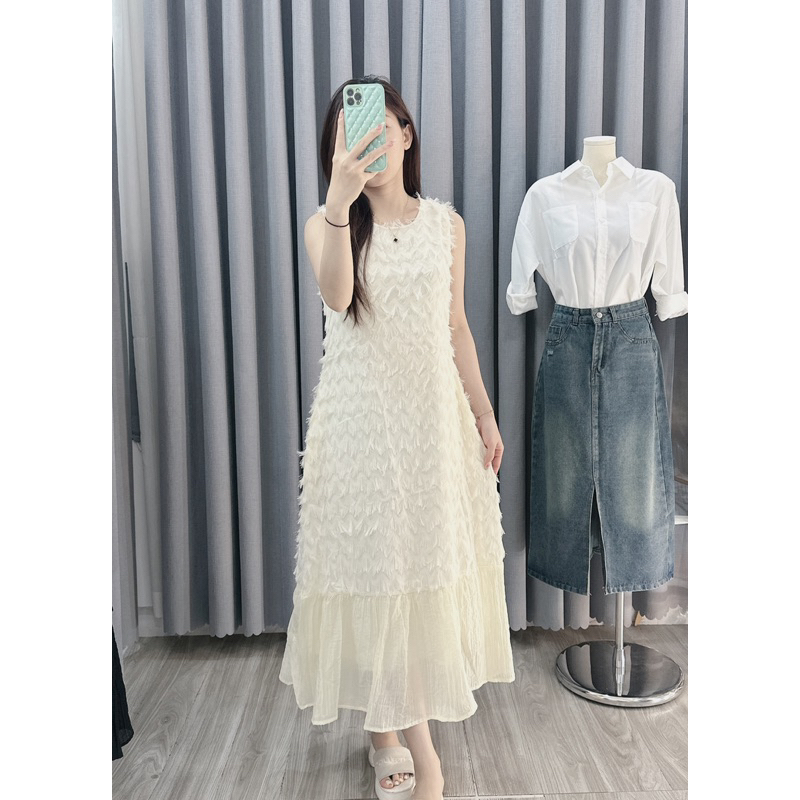 Váy lông vũ sát nách khóa kéo sau 3m có túi hông siêu hot