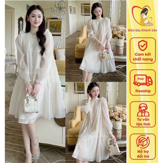 Váy bầu, đầm bầu thu đông dáng dài, dài tay tơ nhăn 3 tầng Z02