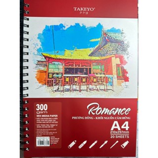 [ 300 GSM] Sổ tập vẽ chuyên nghiệp TAKEYO ROMANCE - 300gsm màu nước, chì, marker, gouache, sáp dầu, than, phấn, mực