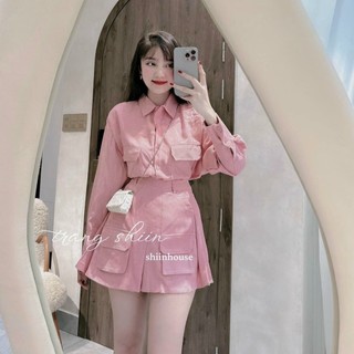 [MẪU MỚI] Sét Nữ Nhung Tăm Túi Hộp Đáng Yêu Màu Hồng_Aó Sơ Mi Tay Dài Kèm Chân Váy Chữ A Xinh Xắn