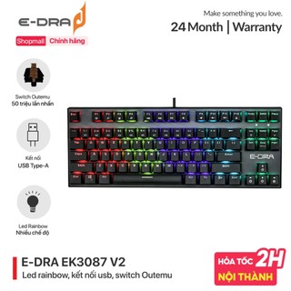 Bàn phím gaming, bàn phím cơ máy tính chơi game có dây E-Dra EK3087 v2 - Led Rainbown - Switch Outemu - Chính hãng