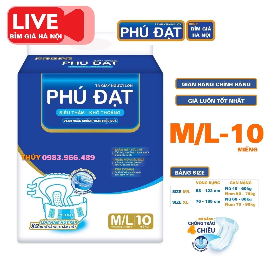 Lẻ LIVE Bỉm già Phú Đạt XL10 miếng Tã dán Có vách chống tràn kép và dẫn